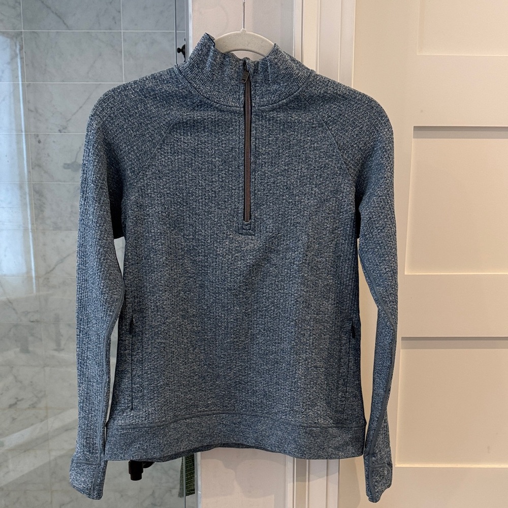 Women’s Blue Quarter-Zip Waffle Knit  Sweater